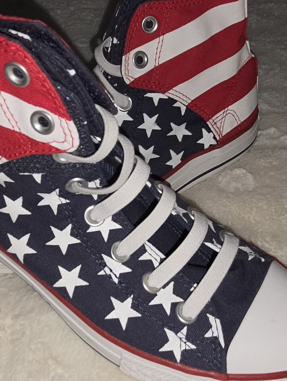 Converse High-Top Sneakers in Red, White & Blue – Star & Stripe Design